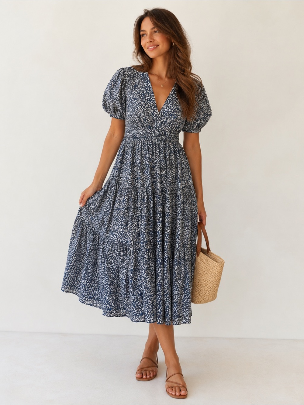 Tory Burch Blue & White Floral Silk Blend Tiered Midi Dress Size 14 Boho